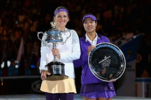 2013 Australian Open Trophies Victoria Azarenka and Li Na